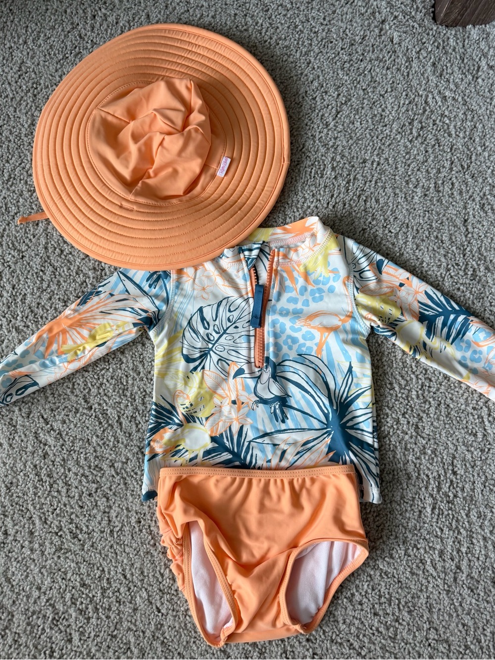 Ruffle Butts Peach Three-Piece Rashguard Set with Tropical Print and Hat